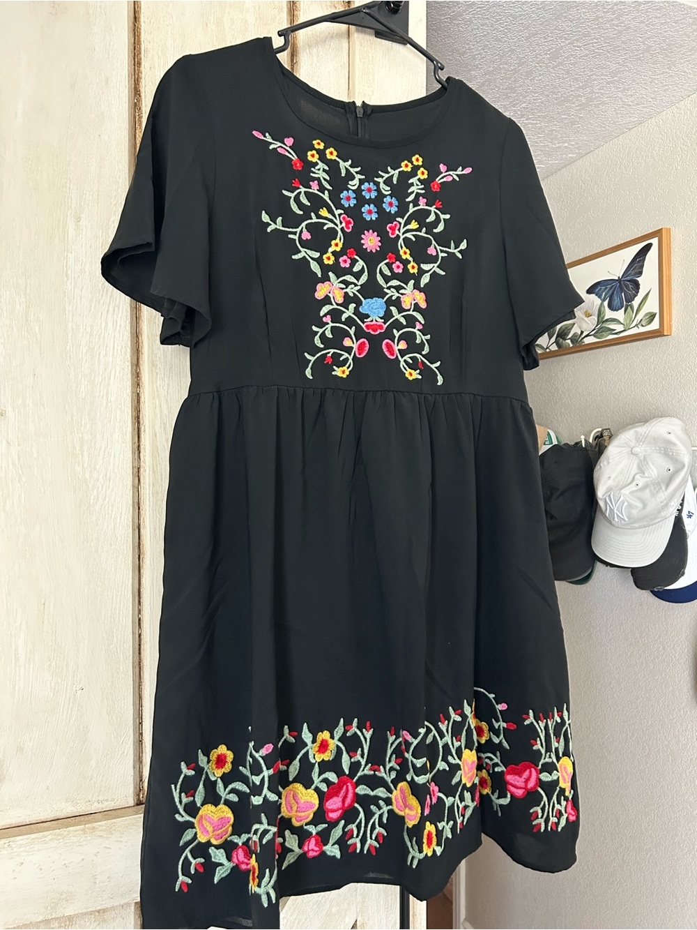 SHEIN Black Embroidered Dress with Multicolor Floral Detail